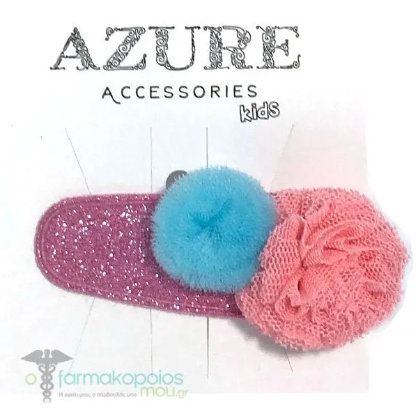Azure Kids Click Clack Hair Accessory with Glitter & Pom Pom, 1pc (RA-0078) - Φούξια