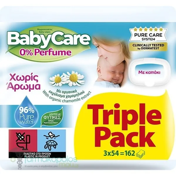 BabyCare Chamomile 0% Perfume Triple Pack Μωρομάντηλα με Καπάκι, (3x54τεμ) 162τεμ