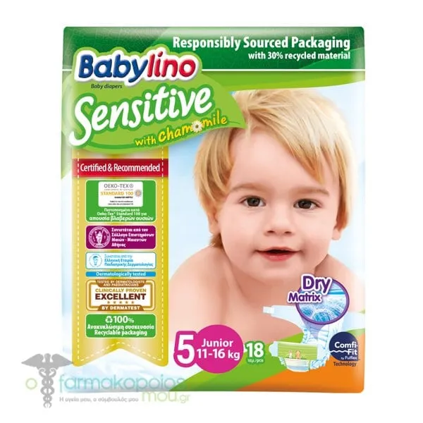 Babylino (3+3 Free) Sensitive Diapers No.5 Junior (11-16kg) (6x18pcs), 108pcs