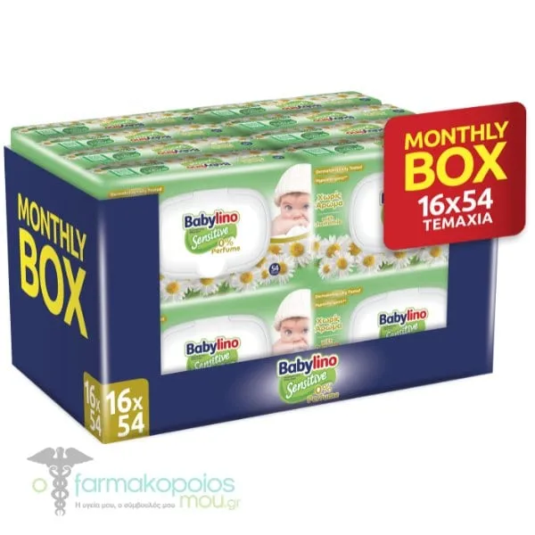 Babylino Sensitive Chamomile Baby Wipes 0% Perfume with Lid Monthly Box, 16x54pcs (864pcs)