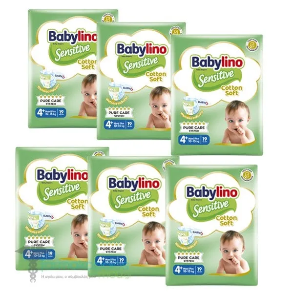 Babylino Sensitive Cotton Soft Βρεφικές Πάνες Maxi Plus Νο4+ (10-15 kg) (3+3 Δώρο), (6x19) 114τεμ