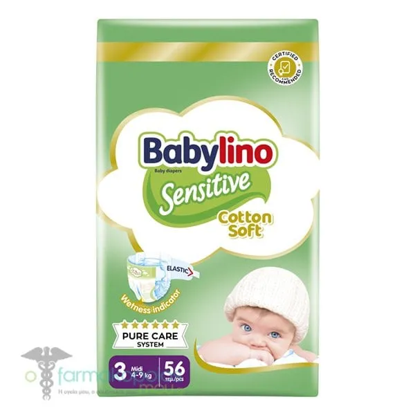Babylino Sensitive Cotton Soft Nο.3 (4-9kg) Baby Diapers, 56pcs