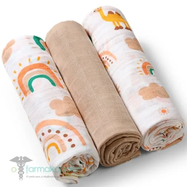 BabyOno Σετ Μουσελίνες Μωρού (70x70cm), 3τεμ - BEIGE