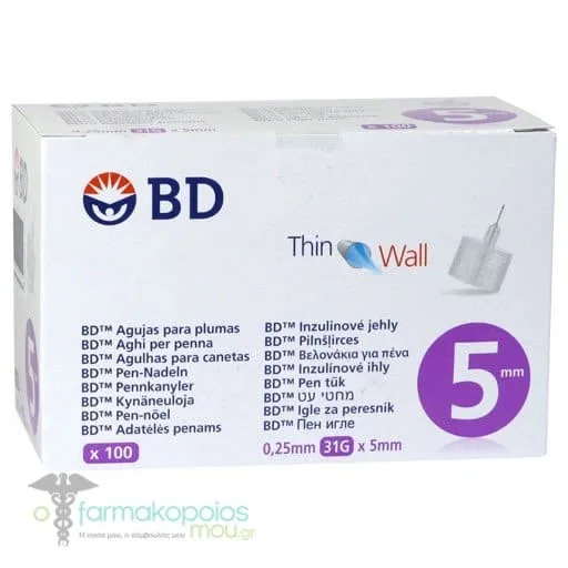 BD Thin Wall Sterile Insulin Pen Needles 31G 0,25 x 5mm, 100pcs