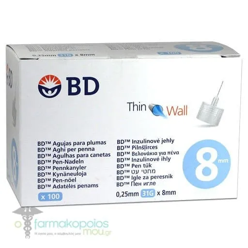BD Thin Wall Sterile Insulin Pen Needles 31G 0,25 x 8mm, 100pcs