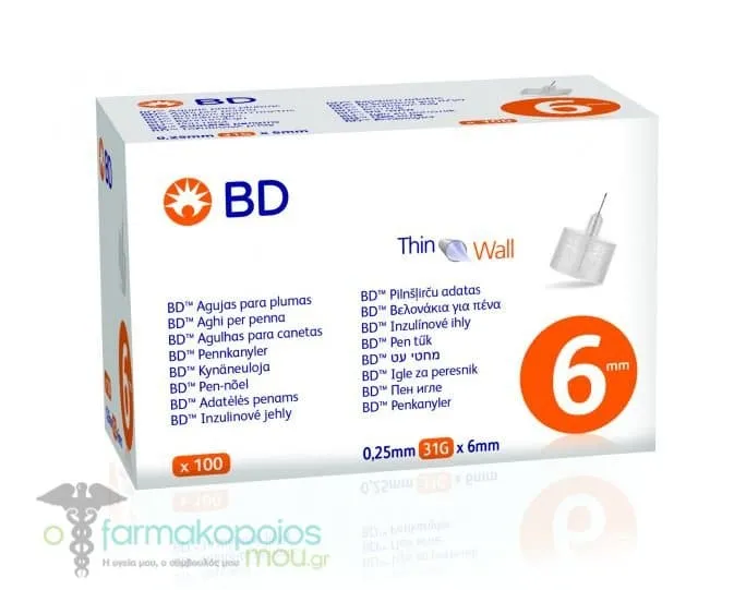 BD Thin Wall Sterile Insulin Pen Needles 31GX6MM, 100pcs