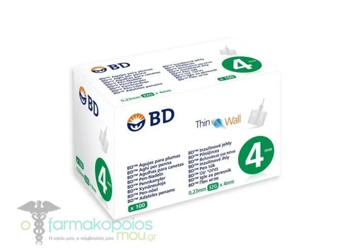 BD Thin Wall Sterile Insulin Pen Needles 4mm x 0.23mm (32G), 100pcs