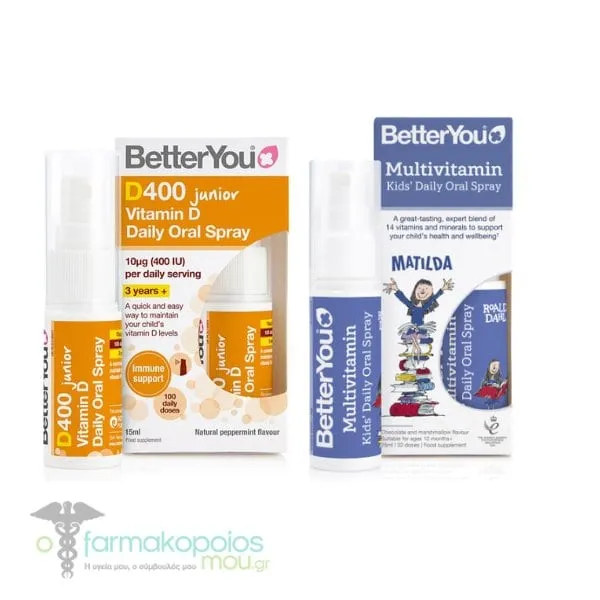 BetterYou Junior Virus & Cold Bundle with D400 Junior Vitamin D Daily Oral Spray, 15ml & Multivitamin Kids' Daily Oral Spray, 25ml, 1set