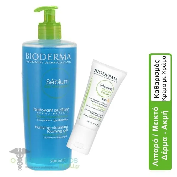 Bioderma Cleansing & Care Set for Combination or Oily Skin with Acne Sebium Gel Moussant, 500ml & Sebium Global Cover, 30ml