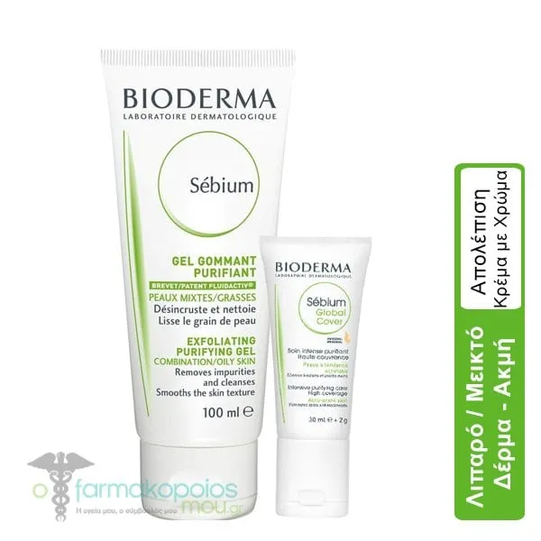 Bioderma Face Care Set for Combination or Oily Skin Sebium Gel Gommant, 100ml & Sebium Global Cover, 30ml