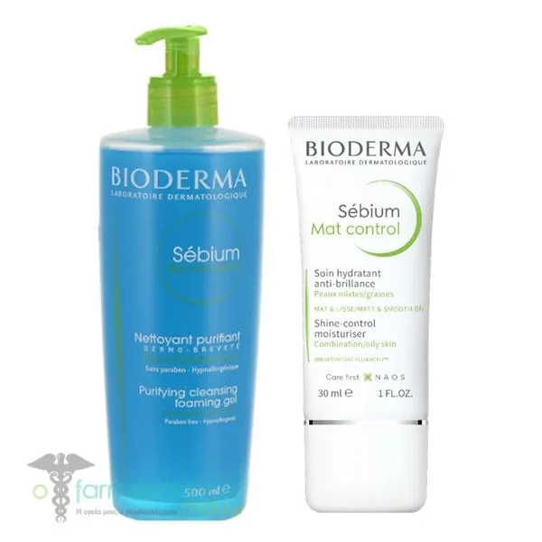 Bioderma Face Care Set for Combination or Oily Skin Sebium Gel Moussant, 500ml & Sebium Mat Control, 30ml