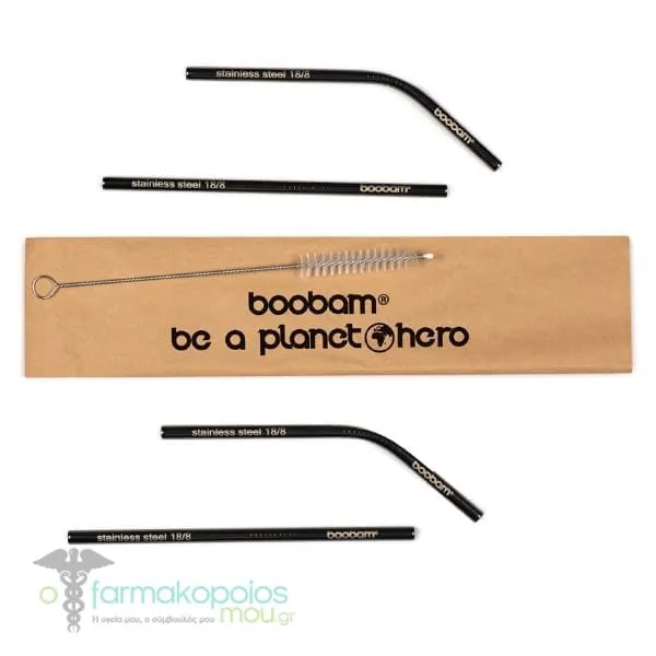 Boobam Straw Short Metal, 4pcs & Brush Cleaner, 1pc, 1set - Titanium Black