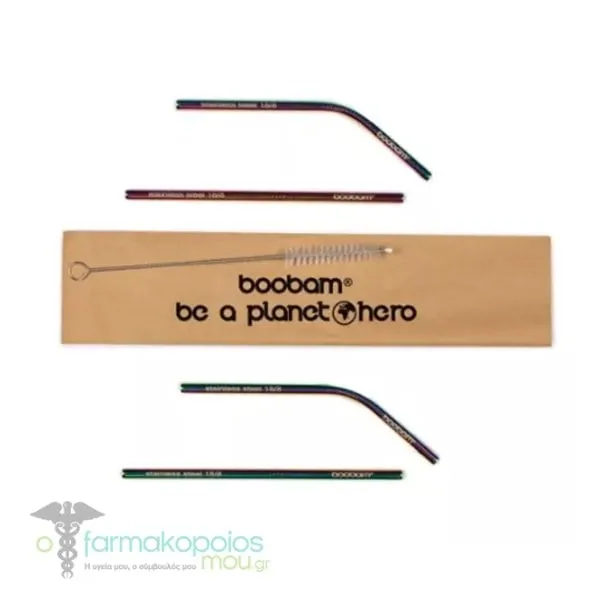 Boobam Straw Short Metal, 4pcs & Brush Cleaner, 1pc, 1set - Titanium Colorful