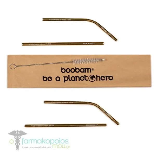 Boobam Straw Short Metal, 4pcs & Brush Cleaner, 1pc, 1set - Titanium Gold