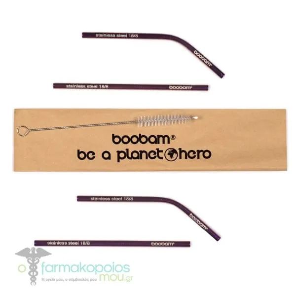 Boobam Straw Short Metal, 4pcs & Brush Cleaner, 1pc, 1set - Titanium Purple