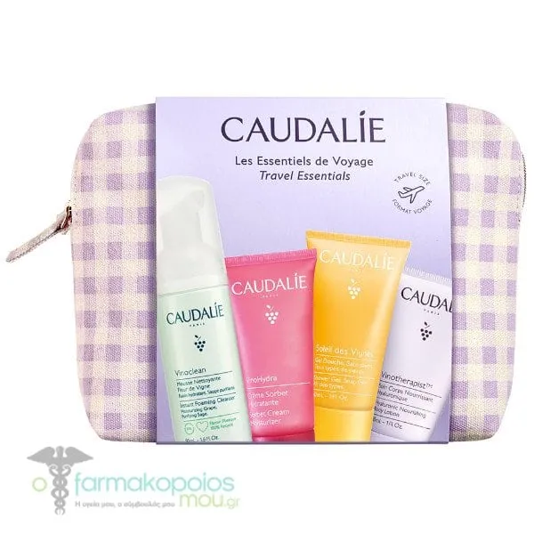 Caudalie The Essentials Set with Vinoclean Instant Foaming Cleanser, 50ml, Soleil de Vignes Shower Gel, 30ml, Vinotherapist Hyaluronic Nourishing Body Lotion, 30ml, Vinohydra Sorbet Moisturizer, 15ml & Free Beauty Pouch, 1pc, 1set