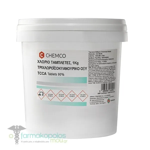 Chemco Χλώριο Τρίχλωρο 90% σε Ταμπλέτες, Τριχλωροισοκυανουρικο Οξύ, 1Kg