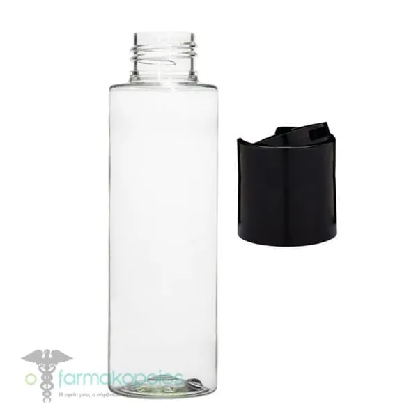 Chemco Vial Transparent Cylindrical PET-G 24/410mm, 100ml & Safety Cap Disc Top Black for Vials 24/410mm, 1pc, 1set