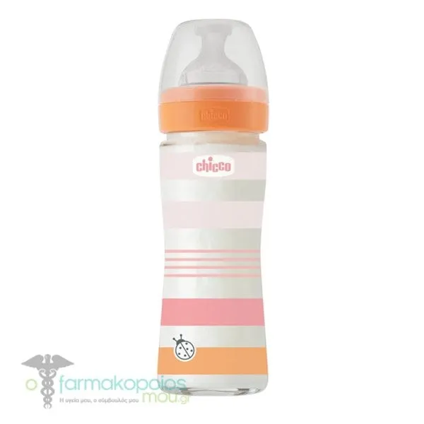 Chicco Well Being Baby Bottle Anti-Colic System Glass 0m+, 240ml - Ρόζ