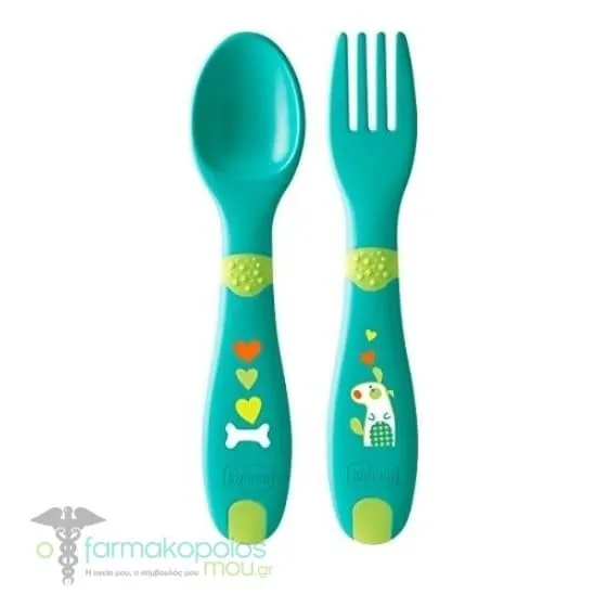 Chicco First Cutlery Fork-Spoon 12m+, 2pcs - Τιρκουάζ