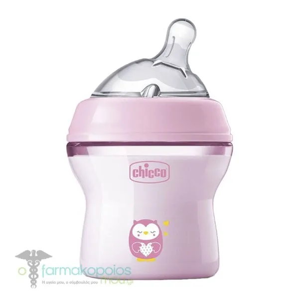 Chicco Μπιμπερό Πλαστικό Natural Feeling με Θηλή Σιλικόνης 0m+, 150ml - Ροζ-Κουκουβάγια