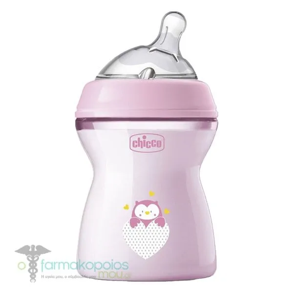 Chicco Natural Feeling Plastic Baby Bottle Silicone Teat 2m+, 250ml - Ροζ-Κουκουβάγια