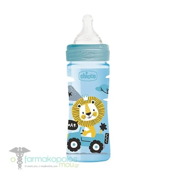 Chicco Well-Being Medium Flow Plastic Baby Bottle With Silicone Nipple 2m + (28623-20), 250ml - Σιέλ