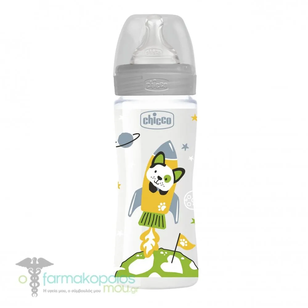 Chicco Well-Being Plastic Baby Bottle Silicone Teat Fast Flow 4m+, 330ml - Γκρί