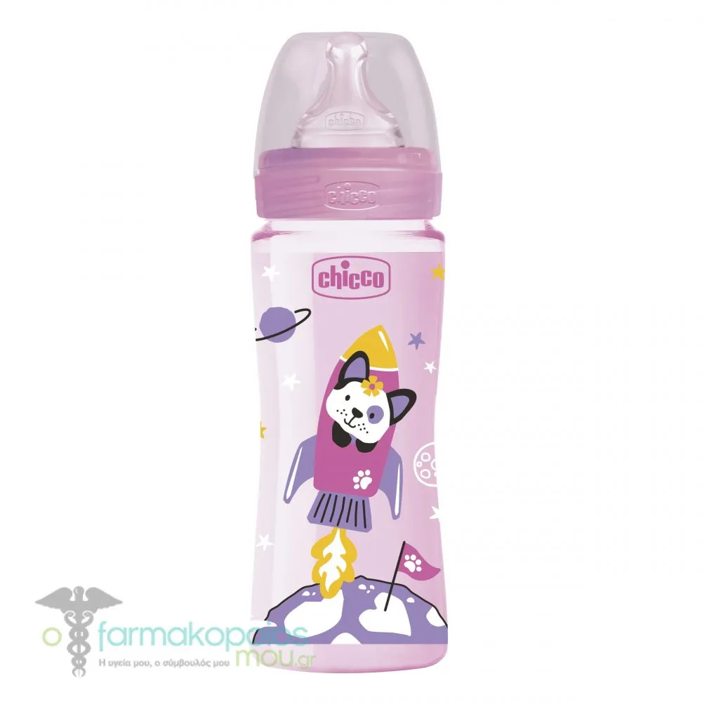 Chicco Well-Being Plastic Baby Bottle Silicone Teat Fast Flow 4m+, 330ml - Ρόζ