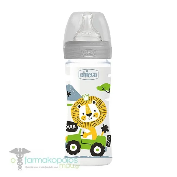 Chicco Well Being (Α60-28623-30) Plastic Baby Bottle Silicone Teat Medium Flow 2m+, 250ml - Γκρί