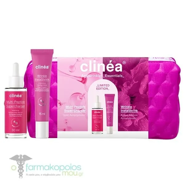 Clinea Limited Edition Gift Set Anti-Wrinkle Essentials Multi Peptide Super Charger Serum, 30ml, Wrinkle InstaShrink Eye Cream, 15ml & Free Toiletry Bag, 1pc, 1set