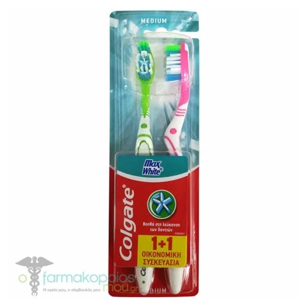 Colgate Free (1+1) Toothbrush Max White Medium, 2pc - Λαχανί - Ρόζ