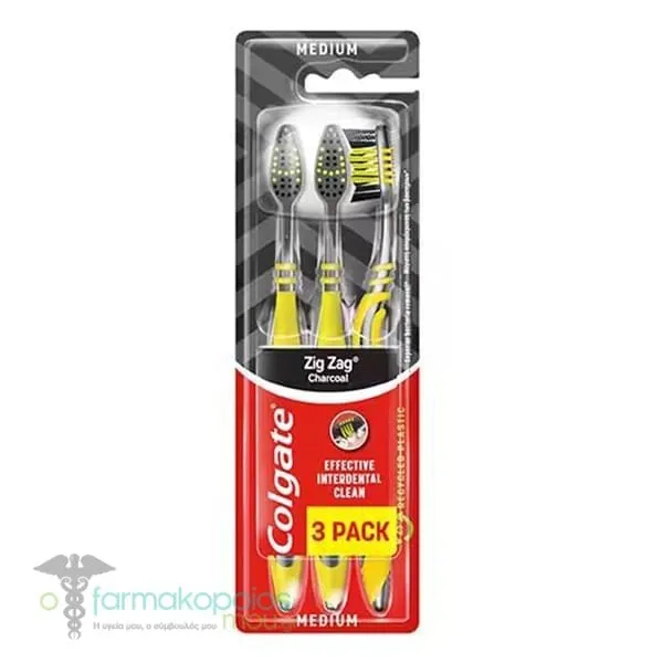 Colgate Promo Zig Zag Charcoal Medium Toothbrush Silver-Yellow, 3pcs, 1set