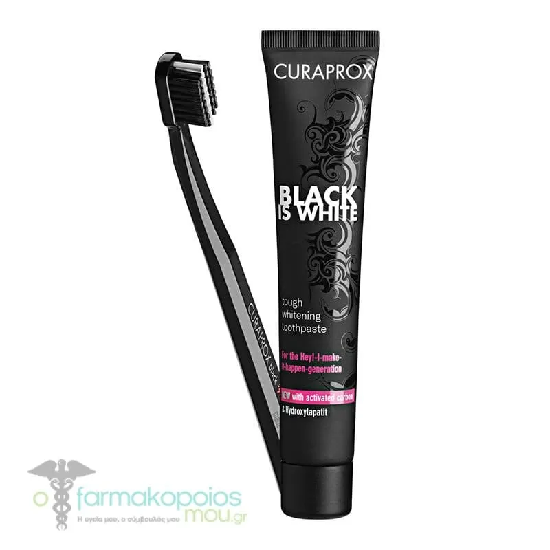 Curaprox Black is White Pack with Black is White Toothbrush, 1pc & Black is White Tough Whitening Toothpaste, 90ml, 1set