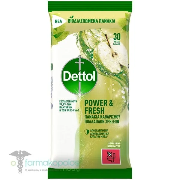 Dettol Υγρά Απολυμαντικά Πανάκια Καθαρισμού Επιφανειών με Άρωμα Πράσινο Μήλο, 6x30τεμ
