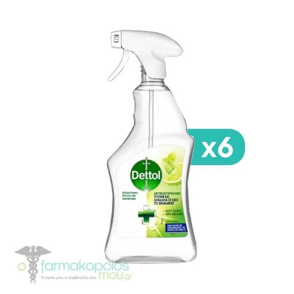 Dettol Surface Cleanser Απολυμαντικό Spray Γενικού Καθαρισμού Υγιεινή και Ασφάλεια Lime &amp; Mint, 6x500 ml