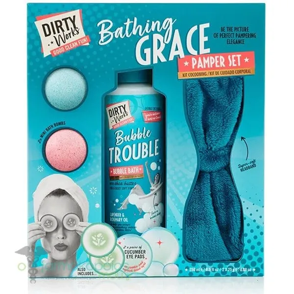 Dirty Works Bathing Grace Pamper Set Σετ Μπάνιου με Bubble Trouble Bubble Bath Αφρόλουτρο, 250ml, Mini Bath Bombs, 2x25g, Cucumber Eye Pads Επιθέματα Ματιών, 2ζευγάρια &amp; Headband Κορδέλα Μαλλιών, 1τεμ, 1σετ