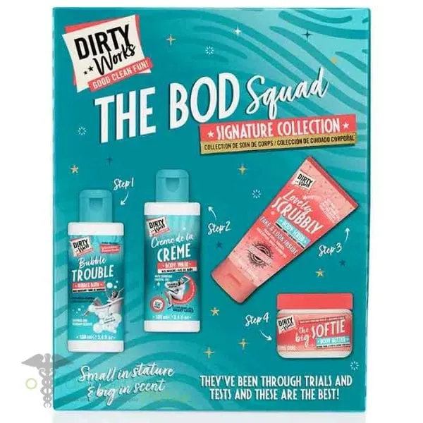 Dirty Works The Bod Squad Signature Collection Set with Bubble Bath, 100ml & Body Wash, 100ml, Body Scrub, 50ml & Body Butter, 50ml, 1set