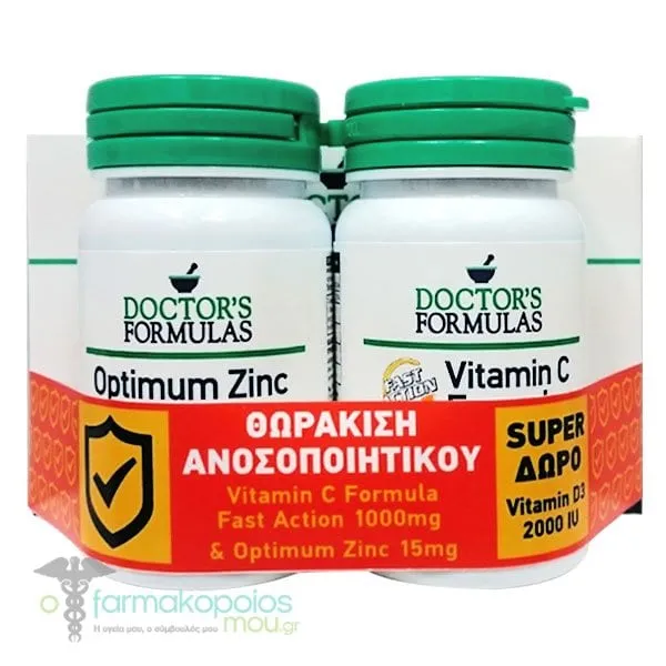 Doctor's Formulas Promo with Vitamin C Formula Fast Action 1000mg, 30tabs, Optimum Zinc, 30caps & Free Vitamin D3 2000IU, 60softgels