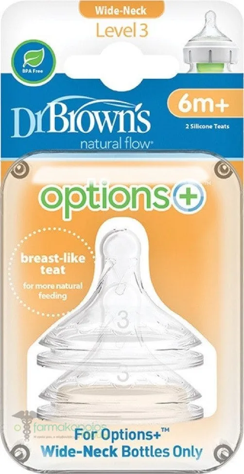 Dr. Brown's Silicone Teat for Wide Neck Bottle 6m+ Level 3 (3201), 2pcs