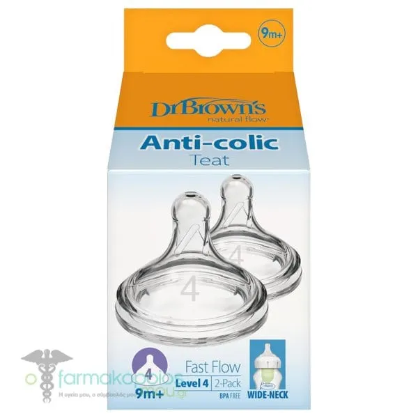 Dr. Brown's Silicone Teat for Wide Neck Bottle 9m+ Level 4 (4201), 2pcs