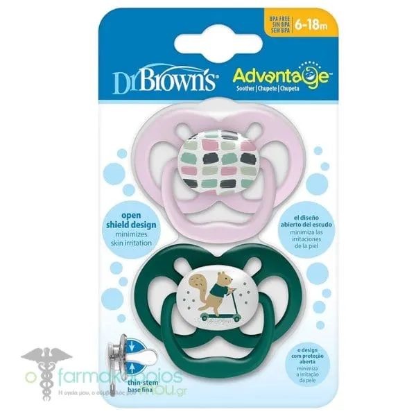 Dr. Brown's Advantage Πιπίλα Σιλικόνης για Μωρά 6-18m (PA22002), 2τεμ - Ρόζ-Πράσινο