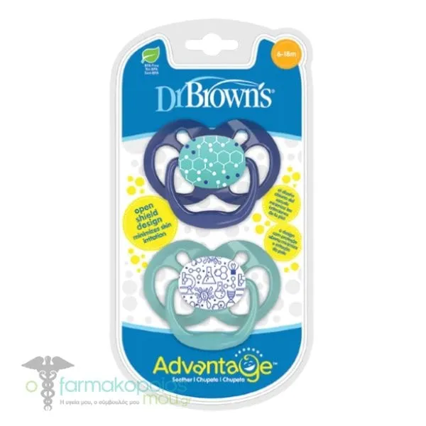 Dr. Brown's Advantage Silicone Soother 6-18m (PA22002), 2pcs - Μπλε-Βέραμάν
