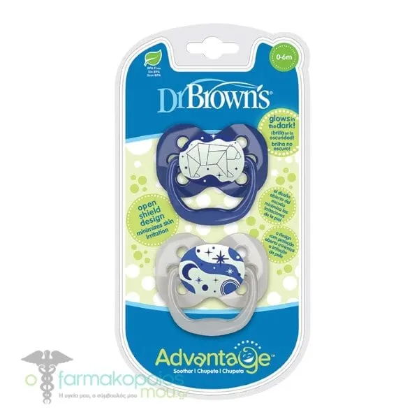 Dr. Brown's Advantage Glow-in-the-Dark Silicone Soother 0-6m, 2pcs - Μπλε-Ασπρο