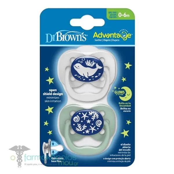 Dr. Brown's Advantage Glow-in-the-Dark Silicone Soother 0-6m, 2pcs - Άσπρο-Γαλάζιο