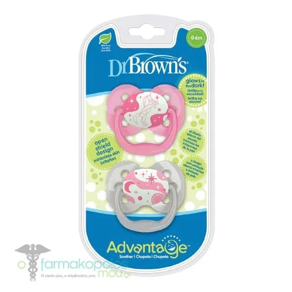 Dr. Brown's Advantage Glow-in-the-Dark Silicone Soother 0-6m, 2pcs - Ροζ-Ασπρο