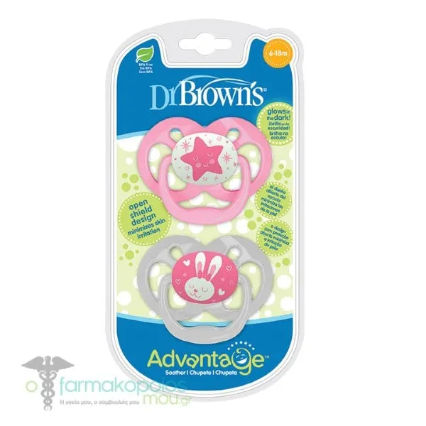 Dr. Brown’s Advantage Glow-in-the-Dark Soothers 6-18m (PA 22003 & PA 22004), 2pcs - Ροζ-Ασπρο
