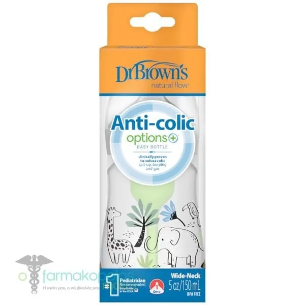 Dr. Brown's Anti-Colic Options+ Πλαστικό Μπιμπερό με Φαρδύ Λαιμό 0m+, 150ml - Ελέφαντας