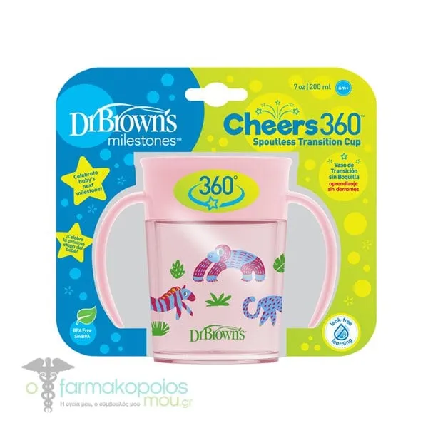 Dr. Brown's Cheers 360° Spoutless Transition Cup 6m+, 200ml - Ρόζ-Μαϊμουδάκι