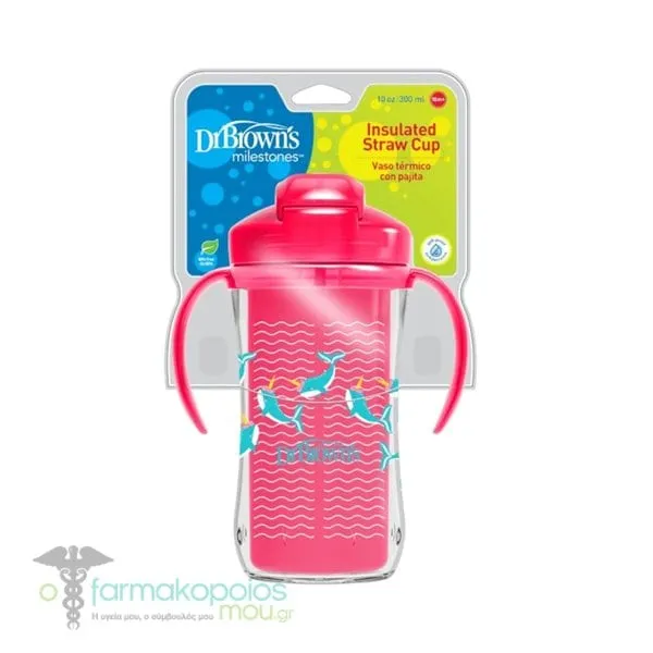 Dr. Brown's Insulated Straw Cup Κύπελλο Θερμός με Καλαμάκι 12μηνών+, 300ml - Φούξια-Φάλαινα